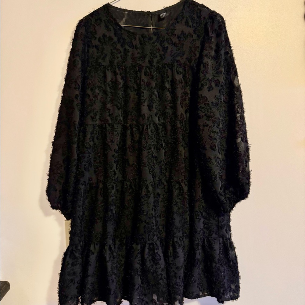 Simons Black Textured Tiered Dress with Puff Sleeves